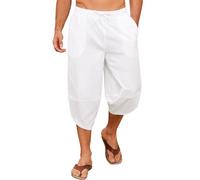 Yuson Girl Pantaloni 3/4 Uomo Pantalone Estivi da Spiaggia Cotone Pantaloni Harem Leggeri Comodi Allentati Pantaloni Lunghi Casual con Coulisse e Tasche per Yoga Quotidiano in Vacanza(Bianco, L)