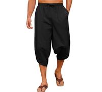 Yuson Girl Pantaloni 3/4 Uomo Pantalone Estivi da Spiaggia Cotone Pantaloni Harem Leggeri Comodi Allentati Pantaloni Lunghi Casual con Coulisse e Tasche per Yoga Quotidiano in Vacanza(Nero, XXL)