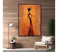 YUSUZHU Arte murale su tela con silhouette di donna africana - Dipinto nei toni caldi della terra - Decorazione per la casa minimalista e culturale - Arte rustica boho (30x40 cm/cornice interna)