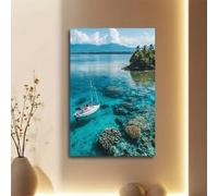 YUSUZHU Dipinto ad olio su tela con spiaggia di sabbia bianca tropicale e palme, decorazione murale moderna per soggiorno, camera da letto, ufficio (50x70 cm/cornice interna)
