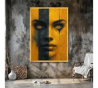 YUSUZHU Donna con doppio volto su tela - Ritratto di donna in nero e oro con occhi simbolici - Dipinto d'arte surreale - Stampe su poster (50x75 cm/cornice interna)