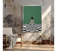 YUSUZHU Donna minimalista su tela a scacchi - Stampa artistica surreale - Nero Bianco Verde - Dipinto geometrico con illusione ottica (21x30 cm/senza cornice)