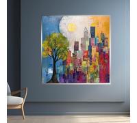 YUSUZHU Poster su tela con skyline colorato, stampa di paesaggi urbani astratti, alberi in un contesto urbano, quadri su tela per decorazioni murali, dipinti (20x20 cm/cornice interna)