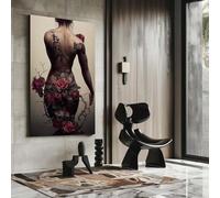 YUSUZHU Quadro su tela con rose, ritratto floreale con tatuaggio sulla schiena, quadri floreali, arte murale, poster per la casa, opera d'arte estetica colorata 50x70 cm con cornice