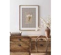 YUSUZHU Stampa artistica da parete con fiori bianchi, poster floreale a scacchi marroni in stile cottagecore, murale su tela minimalista con fiori da fattoria (80x120 cm/senza cornice)