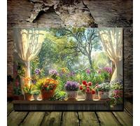YUSUZHU Stampa artistica su tela con fiori e finestra con vista sul giardino di campagna - 1 pezzo, poster su tela con pittura floreale in stile vintage, scenario floreale, 70x100 cm, cornice interna