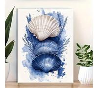 YUSUZHU Stampe artistiche da parete - Dipinto ad acquerello Blue Seas con conchiglie bianche e blu navy, grande tela artistica, quadri decorativi per case sulla spiaggia (40x60 cm/cornice interna)