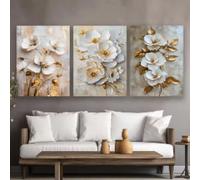 YUSUZHU Stampe di poster vintage con fiori bianchi e foglie dorate, dipinti su tela moderni, decorazioni murali per soggiorno, quadri per la casa 70x90cmx3 con cornice