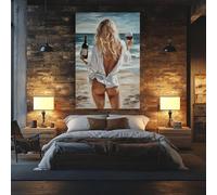 YUSUZHU Tela artistica con donna sexy. Arte murale per amanti del vino. Bionda in vacanza rilassata in spiaggia. Poster minimalista. Decorazione per camera da letto. Dipinto 21x30 cm con cornice.