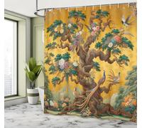 YUSUZHU Tenda da doccia vintage con tema floreale e piante, in tessuto con pavone verde e foglie, con gancio, 92 x 214 cm/36 x 84 pollici (larghezza x altezza).