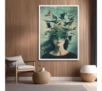 YUSUZHU Volto di donna surreale con uccelli che volano su tela, arte murale fantasy astratta, decorazione da ritratto onirico, stampa artistica su tela (80x120 cm/senza cornice)