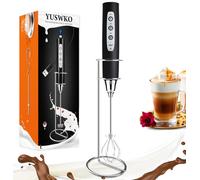 YUSWKO Montalatte portatile nero con supporto per caffè, frusta elettrica ricaricabile con 3 teste, 3 velocità, miscelatore per bevande e caffè, per latte, cappuccino, cioccolata calda, uova