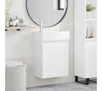 YUTAASU Mobile sottolavabo con lavabo in ceramica, bianco | Con rubinetto miscelatore, vano portaoggetti, porta reversibile, materiale in legno, design moderno