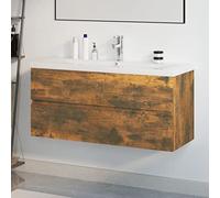 YUTAASU Mobiletto Bagno con Lavabo Ceramica Incorporato Bianco e Rubinetto, Mobile Sottolavabo in Legno Multistrato Rovere Fumo 100x38.5x45 cm, Ampio Cassetto, Montaggio a Parete,