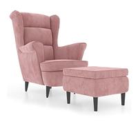 YUTAASU Poltrona in velluto con sgabello, rosa, comoda poltrona relax con braccioli e gambe in legno, stabile poltrona in compensato, morbido tessuto in velluto per una seduta confortevole, inclusa