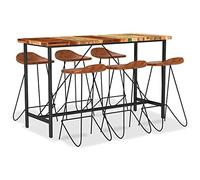 YUTAASU Set da bar da 7 pezzi in legno anticato e vera pelle in stile industriale, include tavolo da bar e sgabello da bar per home bar. Questo set da bar da 7 pezzi è realizzato in legno riciclato e