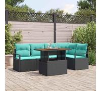 YUTAASU Set da pranzo da giardino in polyrattan con cuscini, 6 pezzi, nero e verde acqua, set di mobili da giardino rettangolari con piano in legno di acacia, scomparti integrati e piedini regolabili