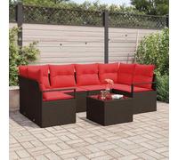 YUTAASU Set di divani angolari in polyrattan da 7 pezzi con cuscino, per giardino e terrazza, composto da due divani ad angolo, due sedute centrali, divani con braccioli e un tavolo, marrone e rosso