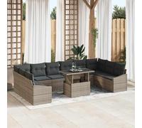 YUTAASU Set di divani da giardino, 11 pezzi, grigio, con cuscino e funzione di memoria, mobili modulari per esterni per terrazza e giardino, comodo divano in polyrattan con ripiano in vetro e
