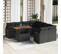 YUTAASU Set di divani da giardino 7 pezzi, colore nero, con cuscini in resistente polyrattan e legno di acacia, per terrazza, design modulare moderno, con due divani a 2 posti, quattro