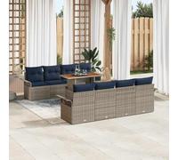 YUTAASU Set di divani da giardino 7 pezzi con cuscini in polyrattan grigio e blu navy, composto da due divani a 2 posti, quattro posti medi con vano portaoggetti e un tavolo da giardino