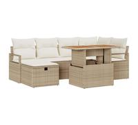 YUTAASU Set di divani da giardino 7 pezzi in legno massello di acacia e polyrattan beige, composto da 2 panche, 1 panca angolare, 2 divani con braccioli, 1 poggiapiedi e tavolo da giardino per