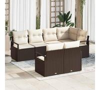 YUTAASU Set di divani da giardino con cuscini, 7 pezzi, marrone e bianco, in polyrattan, ad angolo, due posti centrali e quattro braccioli per un'atmosfera da salotto, materiale resistente alle