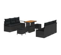 YUTAASU Set di divani da giardino con cuscini, 9 pezzi, in polyrattan nero, composto da telaio in acciaio verniciato a polvere e piano in legno di acacia, tavolo regolabile in altezza per un uso