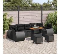 YUTAASU Set di divani da giardino con cuscini e vano portaoggetti, 10 pezzi, nero, set modulare per esterni in polyrattan e legno di acacia, con quattro poltrone, tre posti centrali, due sgabelli e