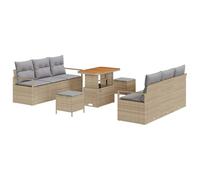 YUTAASU Set di divani da giardino da 9 pezzi con cuscini beige in polyrattan, telaio in acciaio verniciato a polvere e piano in legno di acacia, tavolo regolabile in altezza per un uso flessibile