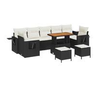YUTAASU Set di divani da giardino modulari, 10 pezzi, in polyrattan nero con legno di acacia, composto da quattro divani con braccioli, tre divani centrali, due sgabelli e un tavolo convertibile, per