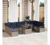 YUTAASU Set di divani da giardino modulari, 11 pezzi, grigio e blu navy, in polyrattan con cuscino in poliestere, composto da due posti ad angolo, sei posti centrali, due divani con braccioli e un