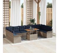 YUTAASU Set di divani da giardino modulari, 11 pezzi, grigio e blu navy, in polyrattan con legno di acacia, composto da 2 divani con braccioli, 2 divani ad angolo, 6 moduli di seduta e tavolo (100 x