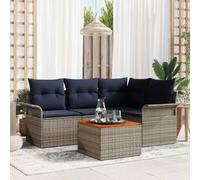 YUTAASU Set di divani da giardino modulari, 5 pezzi, grigio e blu navy, in polyrattan resistente alle intemperie e legno di acacia massiccio, con pratica custodia per cuscini e coperte.
