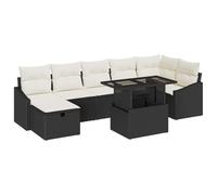 YUTAASU Set di divani da giardino modulari da 8 pezzi con tavolo in vetro, in polyrattan nero, composto da tre posti centrali, un posto angolare, due divani con braccioli, poggiapiedi e tavolo per