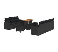 YUTAASU Set di divani da giardino modulari in polyrattan, 10 pezzi, con cuscino, nero, con piano in legno di acacia, configurazione variabile per giardino o terrazza