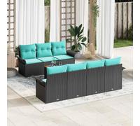 YUTAASU Set di divani da giardino modulari in polyrattan, 8 pezzi, colore nero e turchese, con tre divani centrali, quattro braccioli e tavolo da giardino in legno di acacia