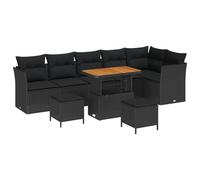 YUTAASU Set di divani da giardino modulari in polyrattan, 9 pezzi, nero, con legno di acacia e gambe in acciaio, per terrazza e giardino, configurazione versatile per primavera ed estate