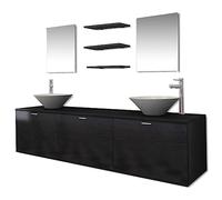 YUTAASU Set di mobili da bagno con 2 lavandini e 2 rubinetti, mobiletto sottolavabo sospeso, specchio, 3 ripiani, nero, in legno e ceramica