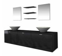 YUTAASU Set di mobili da bagno da 8 pezzi, nero, con 1 armadietto da parete, 2 specchi, 3 ripiani e 2 lavandini in ceramica, robusto materiale in legno, viti di scarico pop-up incluse