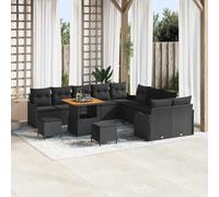 YUTAASU Set divano da giardino 13 pezzi nero con cuscino e funzione memoria in polyrattan e legno di acacia per terrazza