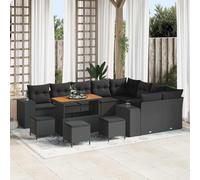 YUTAASU Set divano da giardino modulare 13 pezzi nero con cuscini e vano portaoggetti, in polyrattan e acacia, tavolo regolabile in altezza, idrorepellente, per terrazza, balcone ed esterno