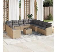 YUTAASU Set panca da giardino 12 pezzi con cuscini in polyrattan beige, design modulare con ripiano e coperture rimovibili, piano del tavolo in vetro temperato, resistente rattan PE per terrazzo