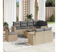 YUTAASU Set panca da giardino 9 pezzi con cuscini in polyrattan beige, design modulare con ripiano e coperture rimovibili, piano del tavolo in vetro temperato, resistente rattan PE per terrazzo