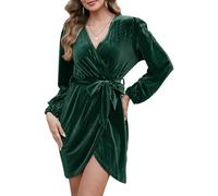 Yutdeng Abiti Eleganti Donna Vestiti Invernali in Velluto Abito da Cocktail a Maniche Lunghe Vintage Sexy Aderente Scollo a V Corto a Vita Alta Vestito da Feste Sera Bar Club,Verde,L