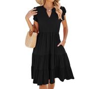 Yutdeng Abito Estivo da Donna Casual con Scollo a V a Maniche Corte a Volant da Spiaggia Bohémien Linea ad A Tinta Unita con Tasche da Vacanza Prendisole