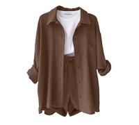 Yutdeng Completo Donna 2 Pezzi Camicia a Maniche Lunghe e Pantaloncini con Coulisse e Tasche Elegante Completo Estivo Tuta da Casa Casual Completo Sportivo in Lino Tuta da Ginnastica,Marrone,M