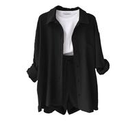 Yutdeng Completo Donna 2 Pezzi Camicia a Maniche Lunghe e Pantaloncini con Coulisse e Tasche Elegante Completo Estivo Tuta da Casa Casual Completo Sportivo in Lino Tuta da Ginnastica,Nero,S