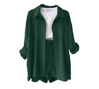 Yutdeng Completo Donna 2 Pezzi Camicia a Maniche Lunghe e Pantaloncini con Coulisse e Tasche Elegante Completo Estivo Tuta da Casa Completo Sportivo in Lino Tuta da Ginnastica,Verde Militare,XL