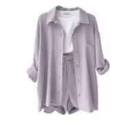 Yutdeng Completo Donna 2 Pezzi Camicia a Maniche Lunghe e Pantaloncini con Coulisse e Tasche Elegante Completo Estivo Tuta da Casa Casual Completo Sportivo in Lino Tuta da Ginnastica,Viola Chiaro,M